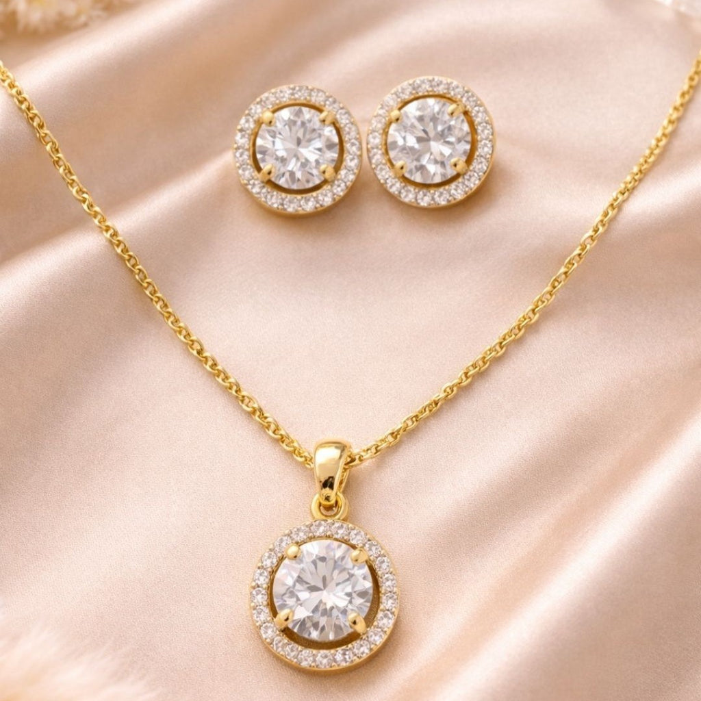Gold Plated Solitaire Halo Style Pendant & Earrings Set