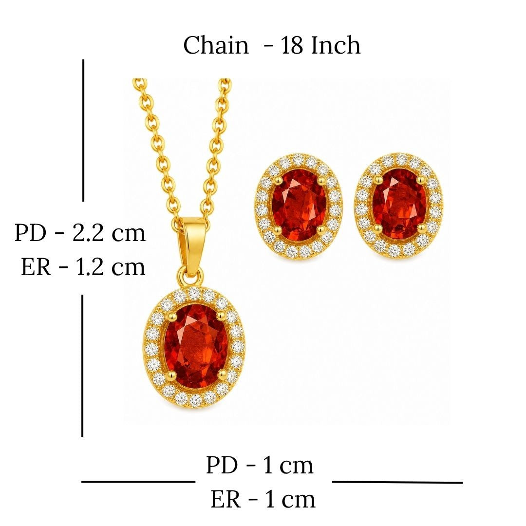 Gold Plated Red Cubic Zirconia Solitaire Halo Pendant & Earrings Set