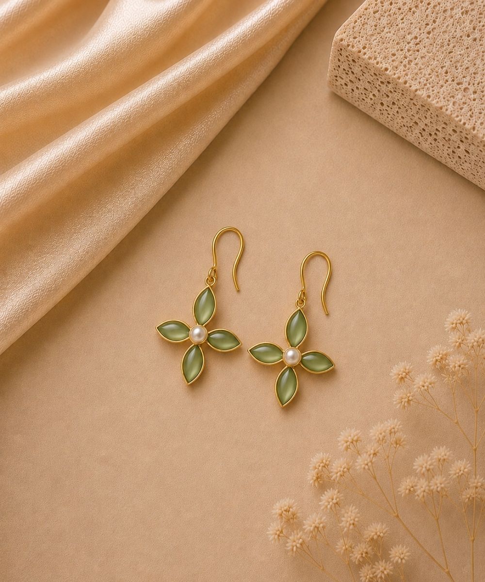 Gold Plated Green Floral Cubic Ziconia Pearl Drop Earrings