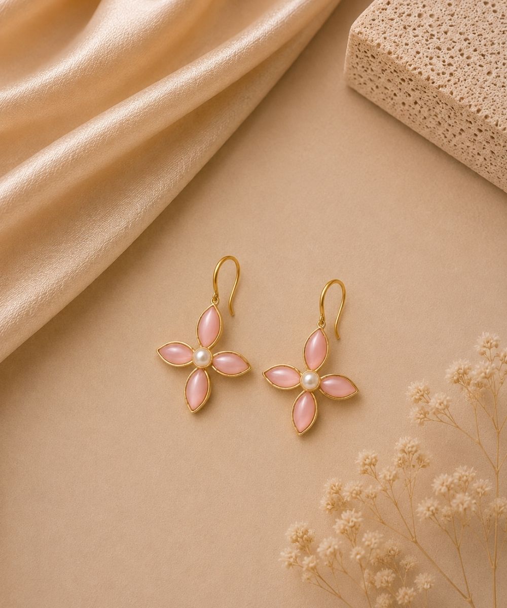 Gold Plated Floral Cubic Ziconia Pearl Drop Earrings