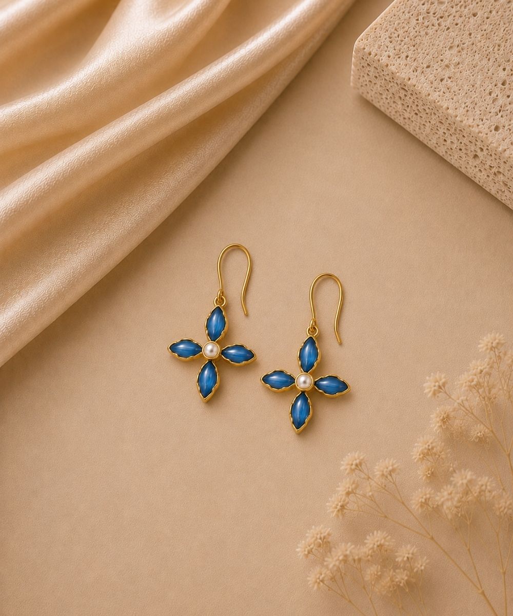 Gold Plated Blue Floral Cubic Ziconia Pearl Drop Earrings