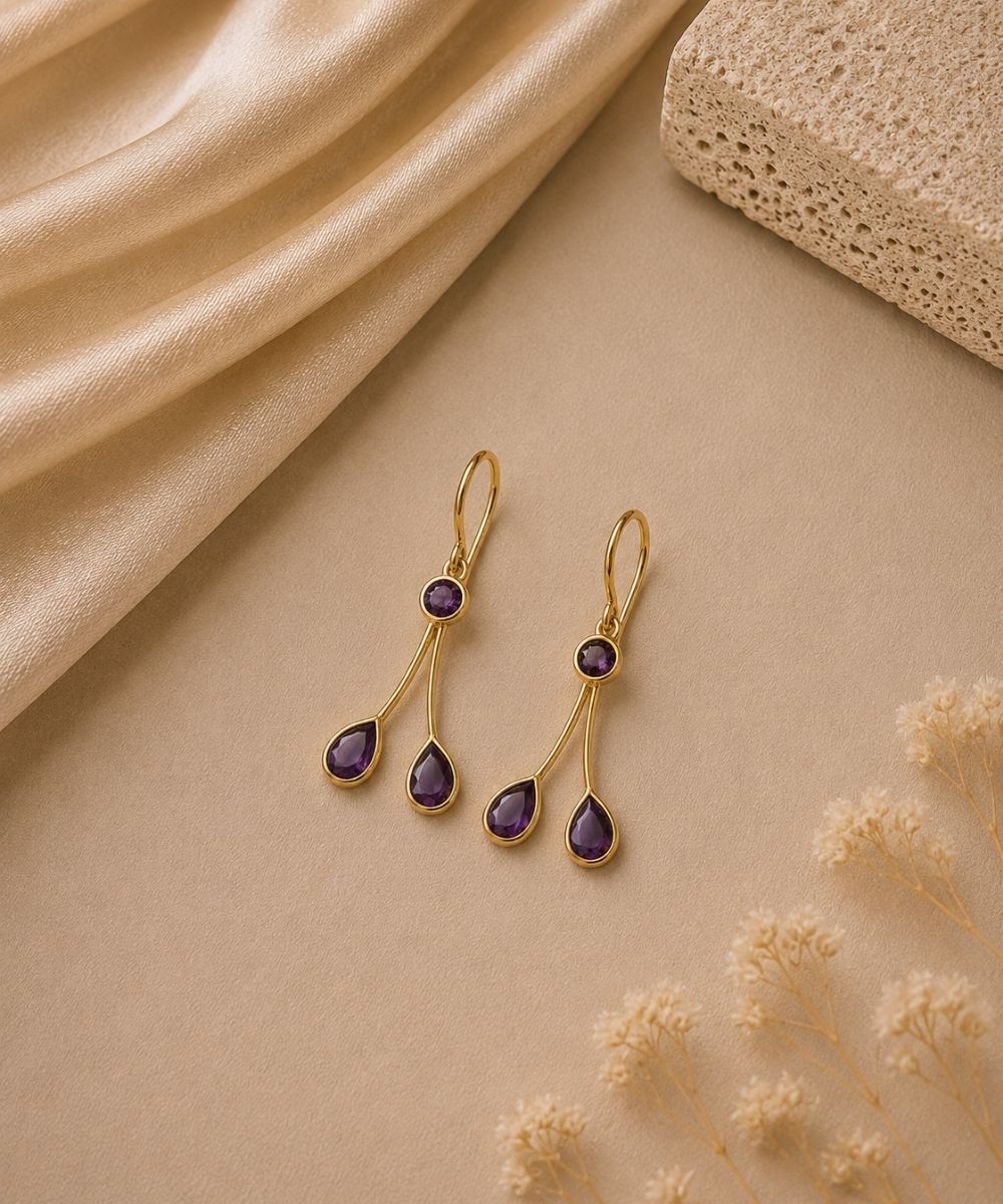 Gold Plated Purple Cubic Zirconia Drop Earrings