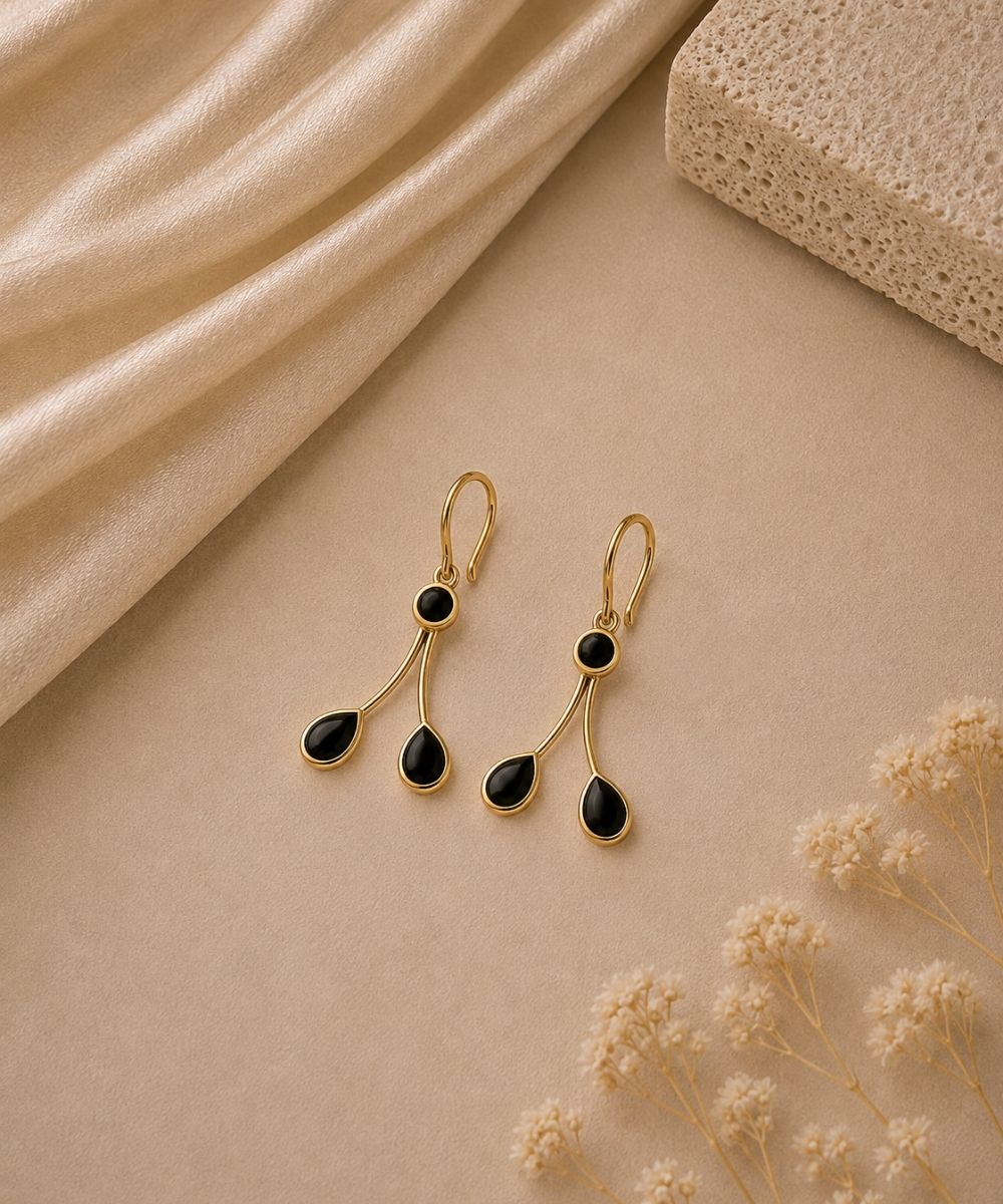 Gold Plated Black Cubic Zirconia Drop Earrings
