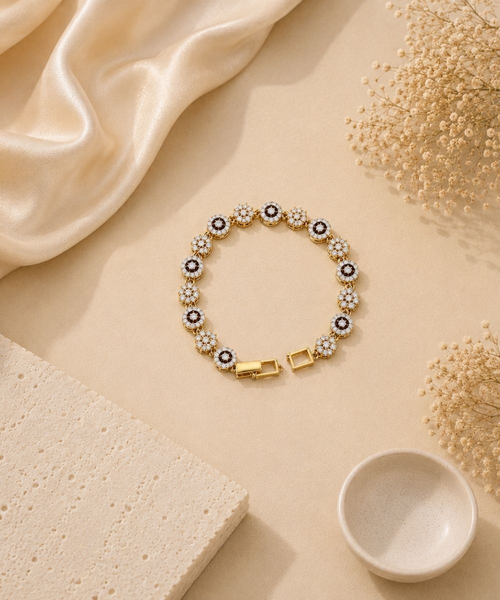 Gold Plated Cubic Zirconia Floral Tennis Bracelet