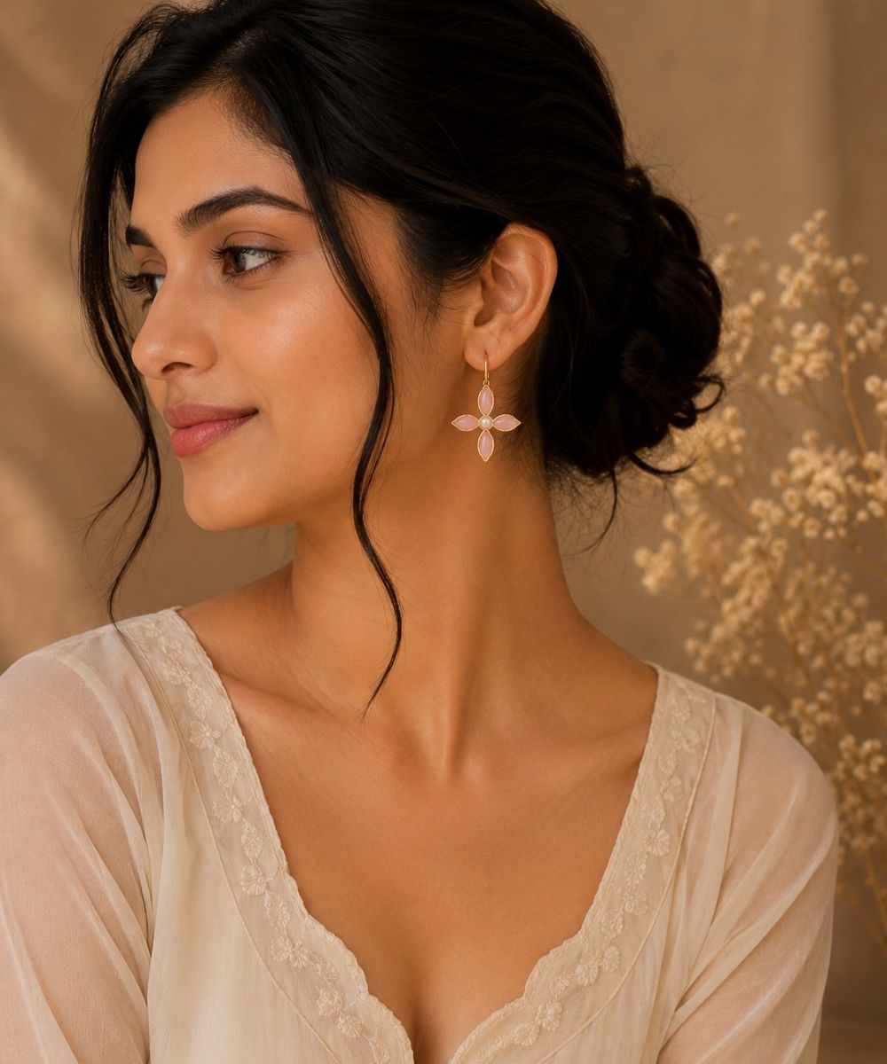 Gold Plated Floral Cubic Ziconia Pearl Drop Earrings