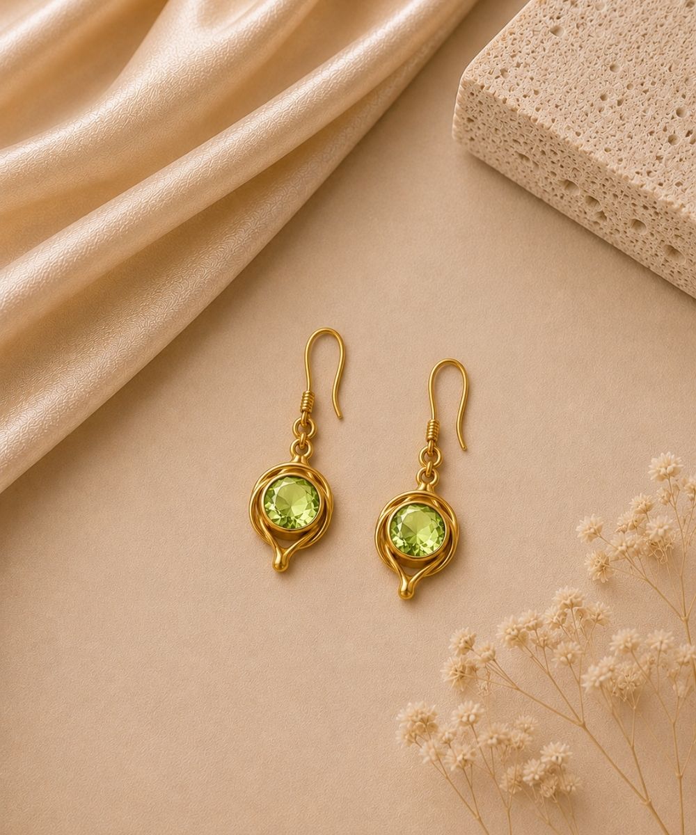 Gold Plated Round Green Cubic Zirconia Drop Earrings