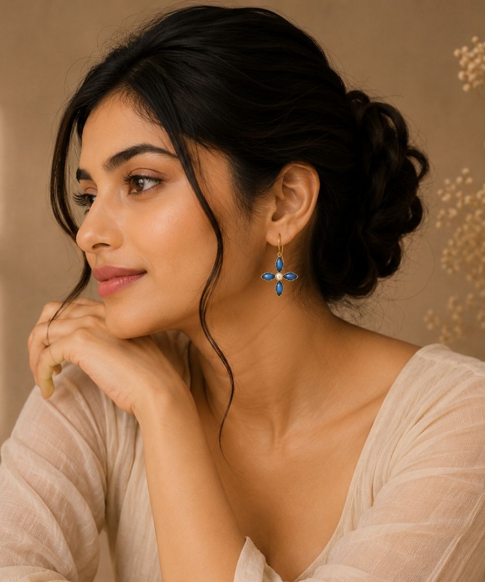 Gold Plated Blue Floral Cubic Ziconia Pearl Drop Earrings