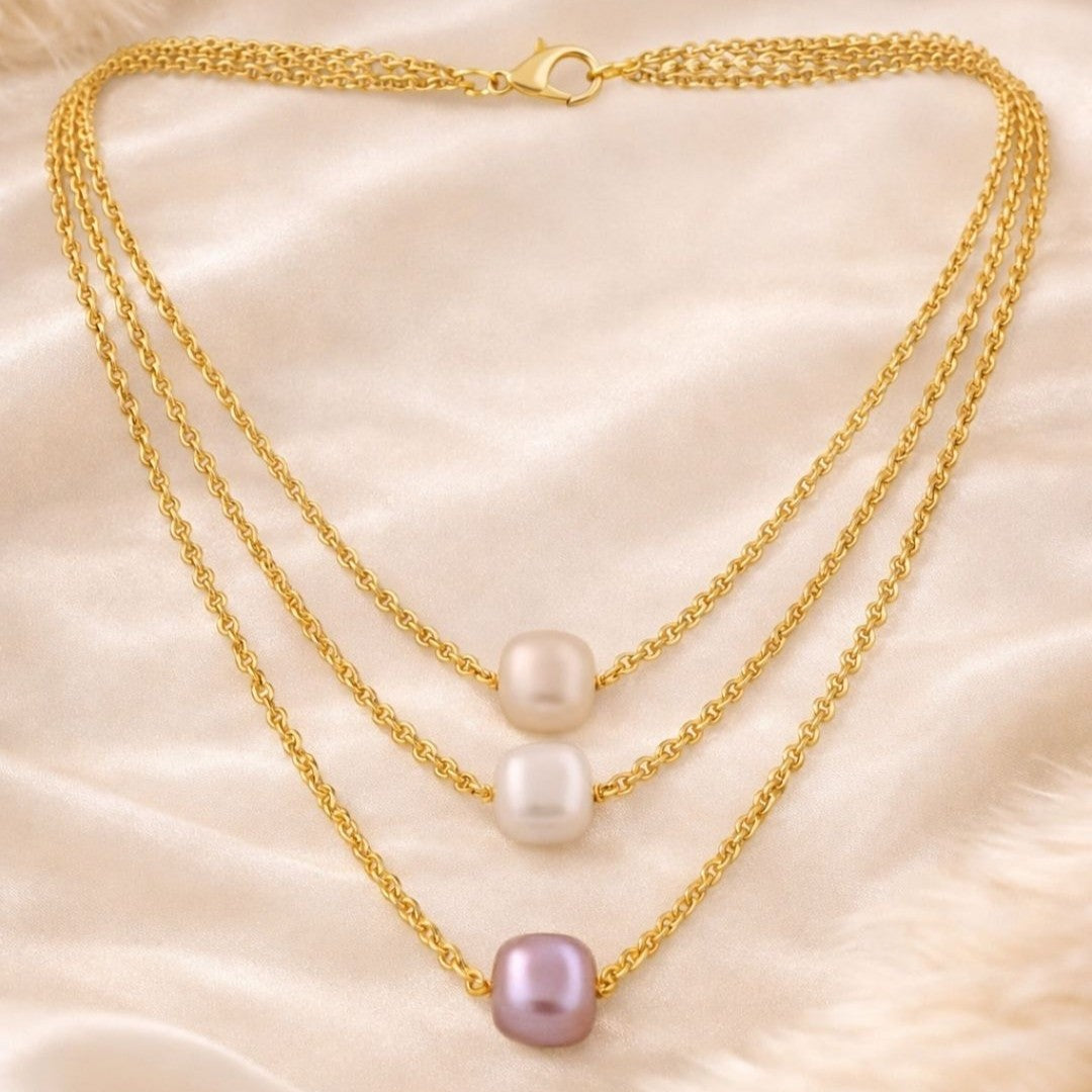 3-Layered Gold-Plated  Pearl Necklace