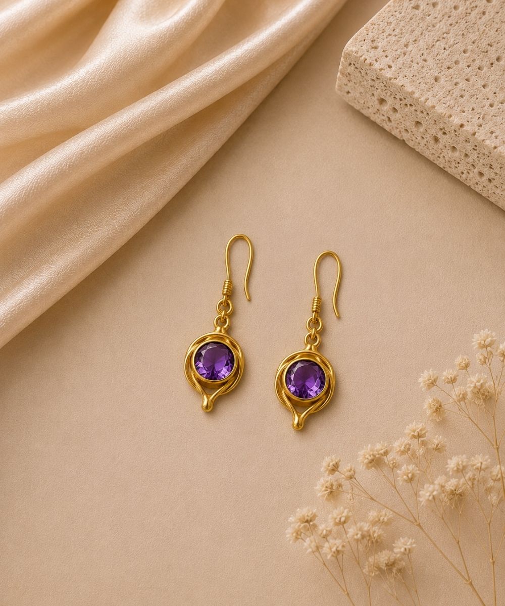 Gold Plated Round Purple Cubic Zirconia Drop Earrings