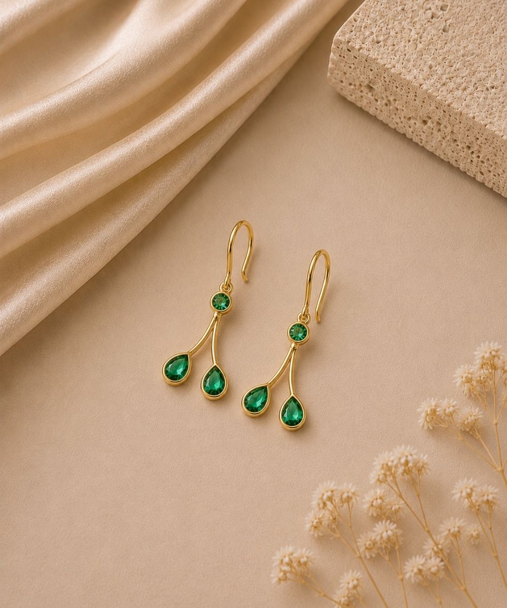Gold Plated Green Cubic Zirconia Drop Earrings