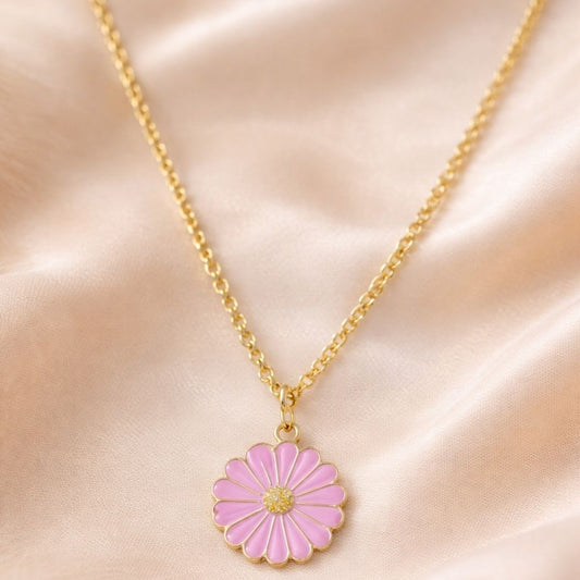 Gold Plated Pink Flower Pendant Necklace
