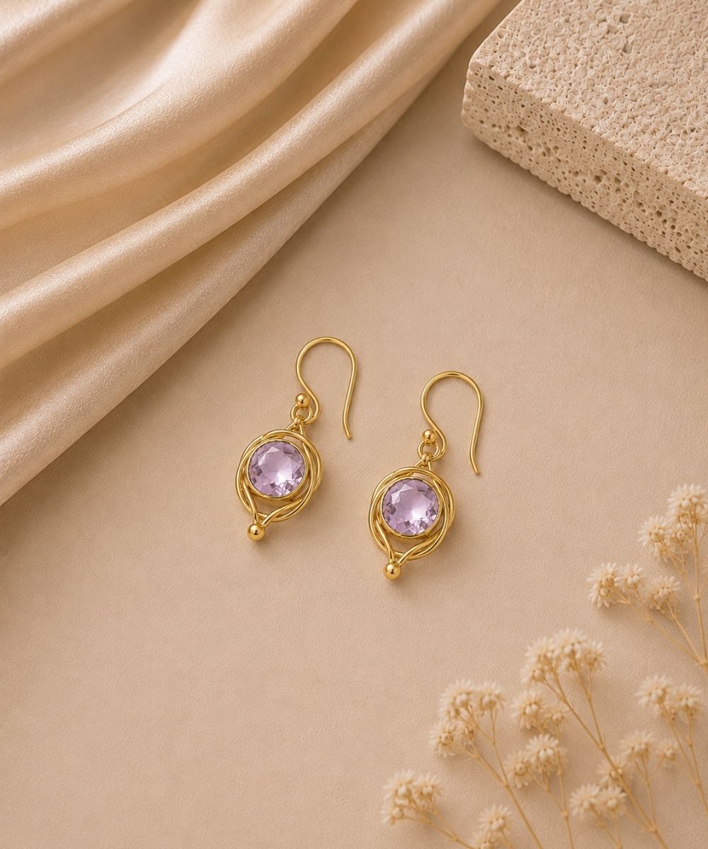 Gold Plated Round Pink Cubic Zirconia Drop Earrings