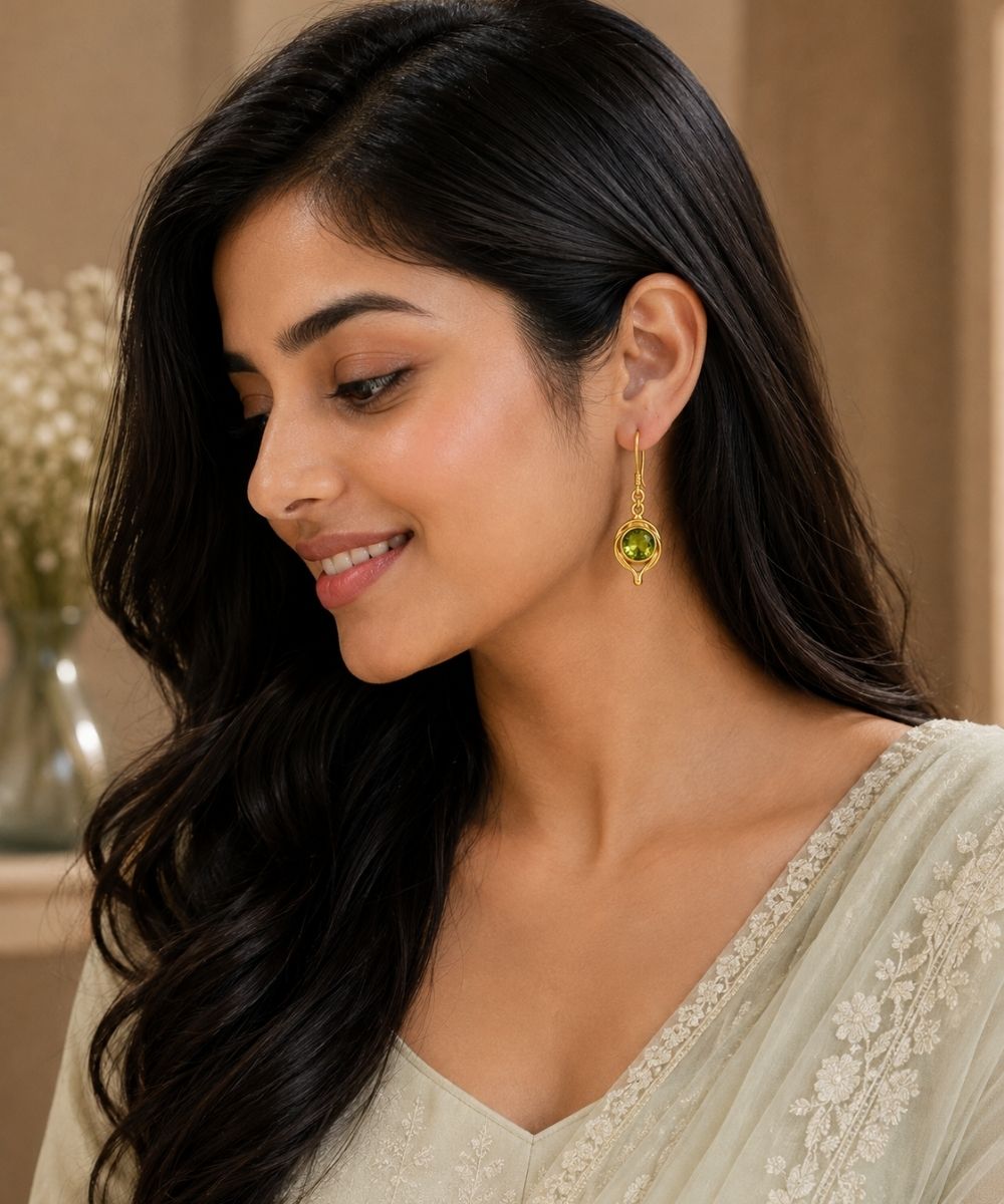Gold Plated Round Green Cubic Zirconia Drop Earrings