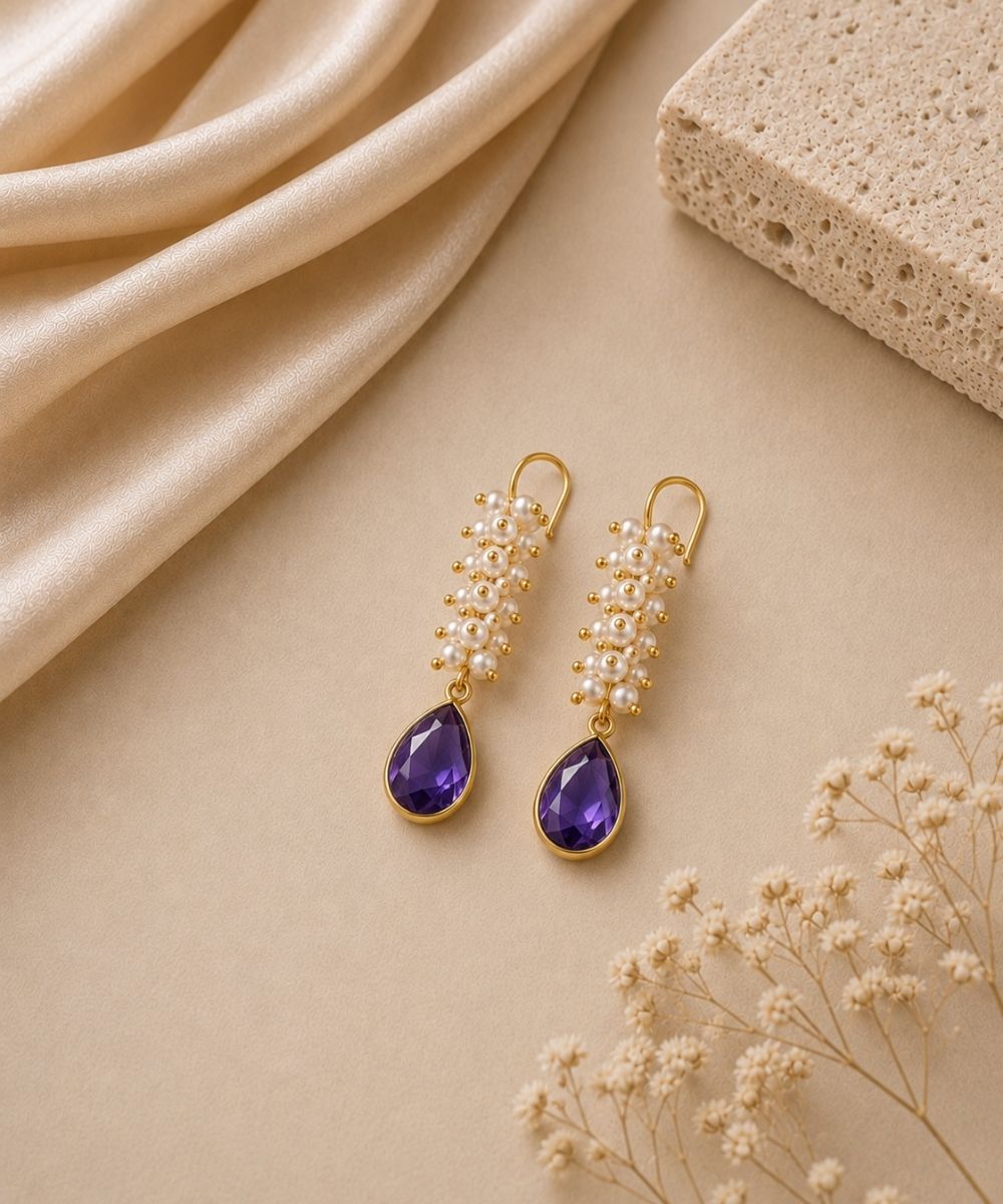 Gold Plated Purple Cubic Zirconia Drop Earrings