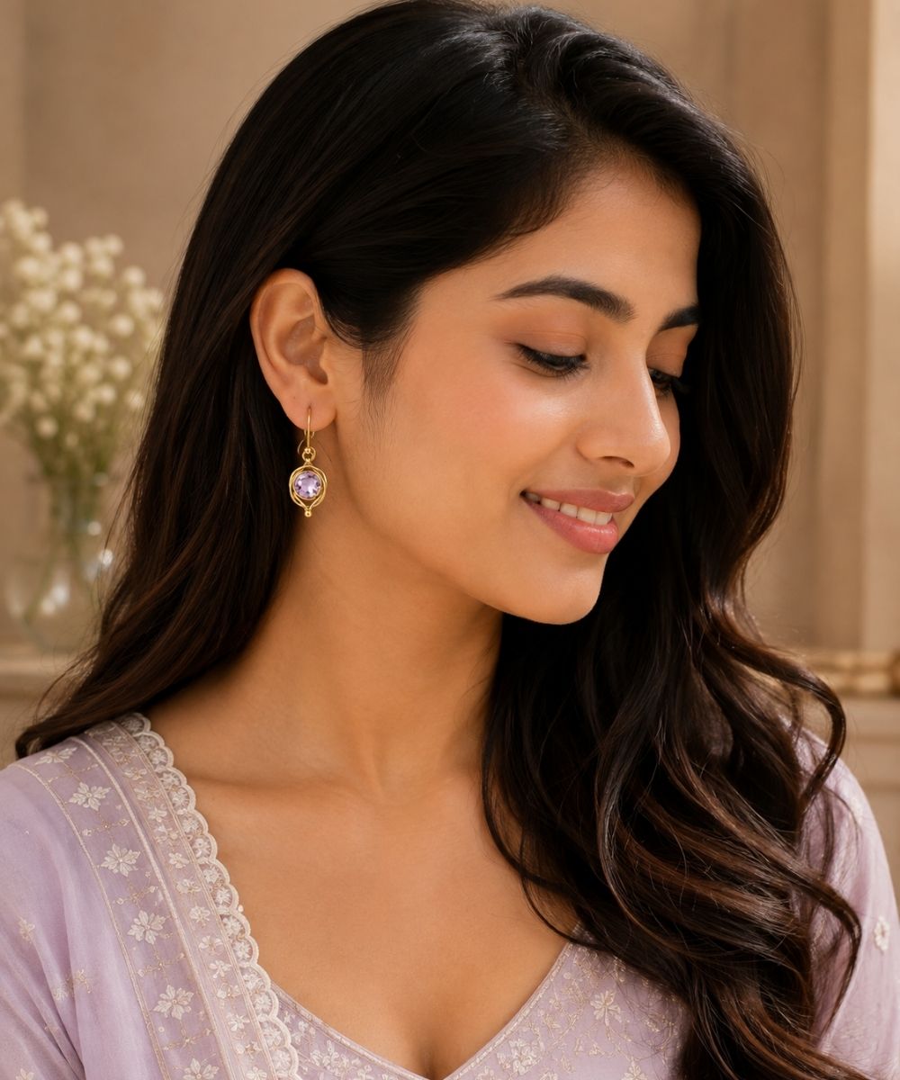 Gold Plated Round Pink Cubic Zirconia Drop Earrings