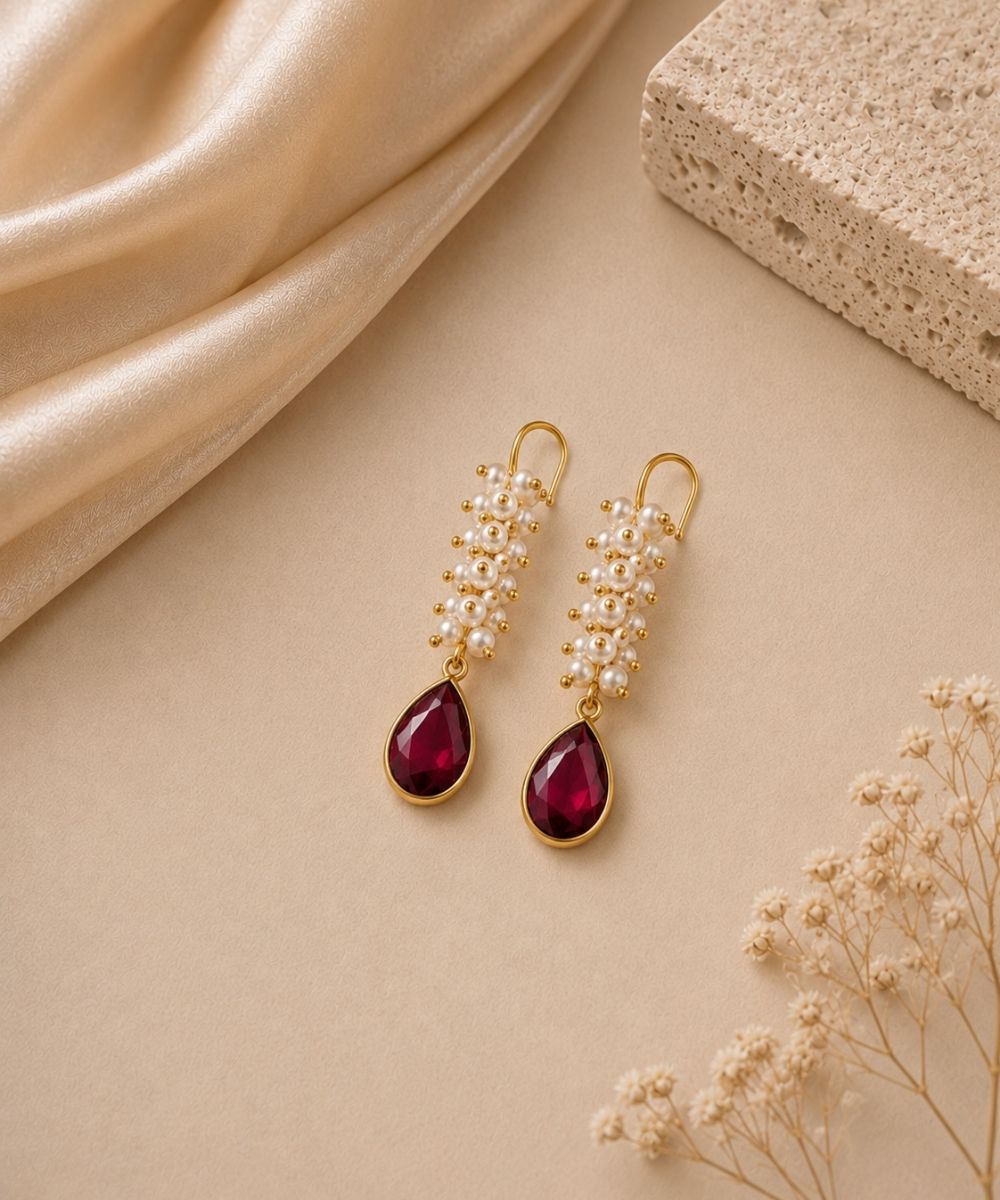 Gold Plated Red Cubic Zirconia Drop Earrings