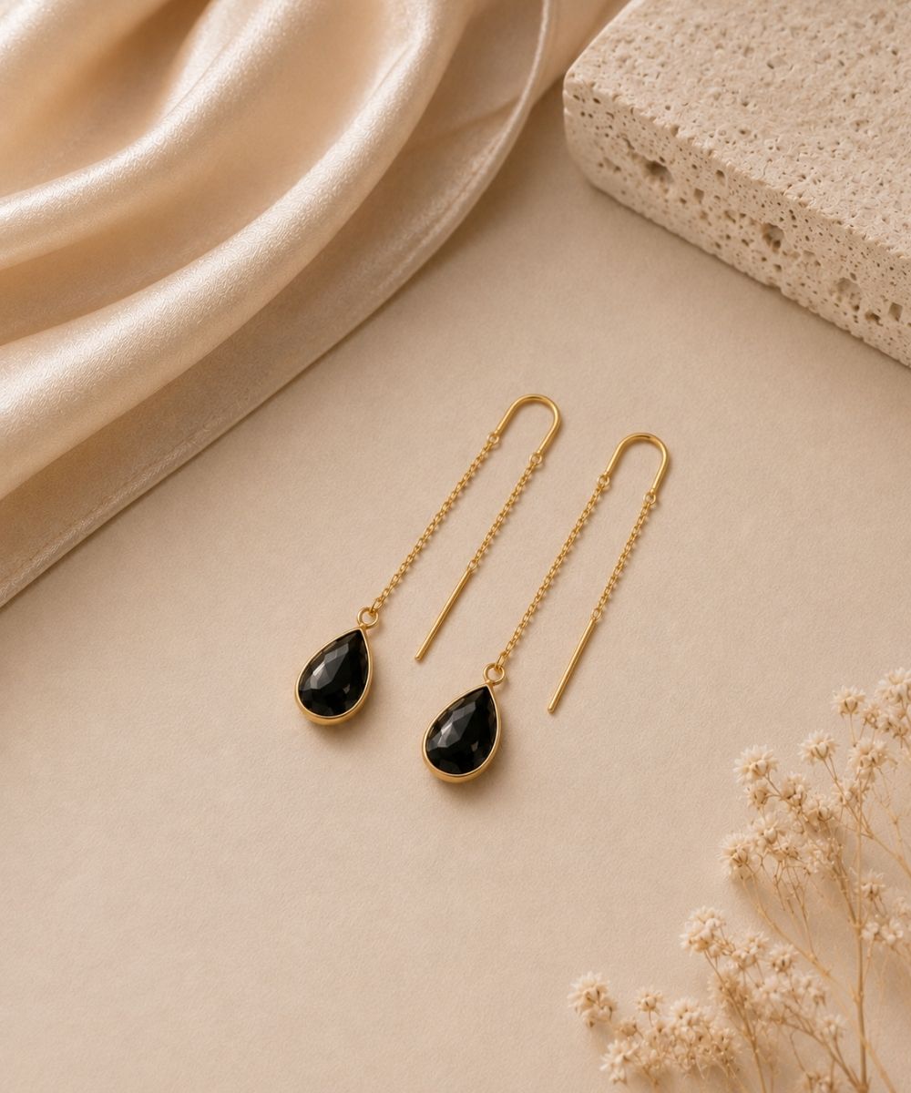 Gold Plated Black Cubic Zirconia Link Drop Earrings