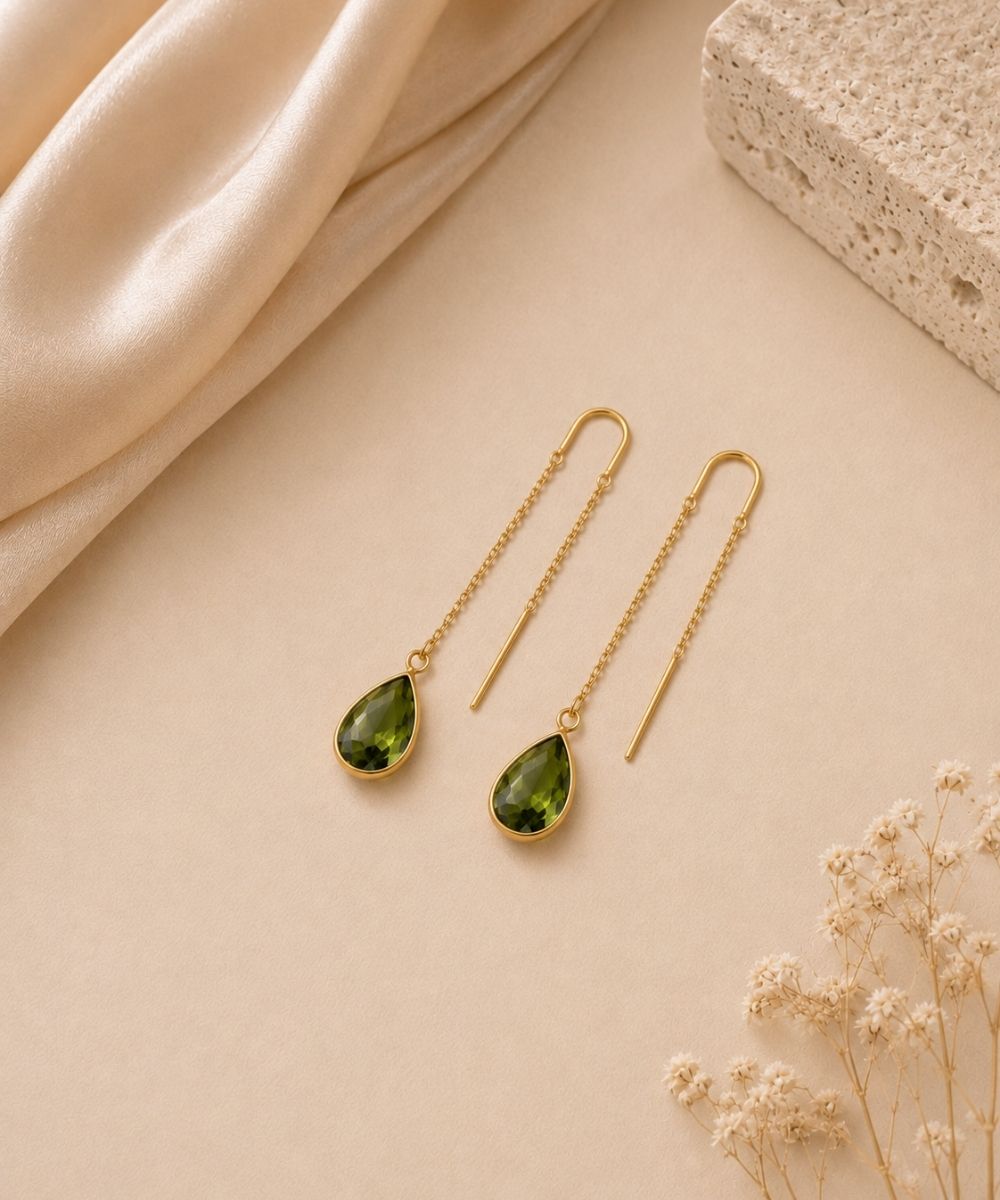 Gold Plated Green Cubic Zirconia Link Drop Earrings