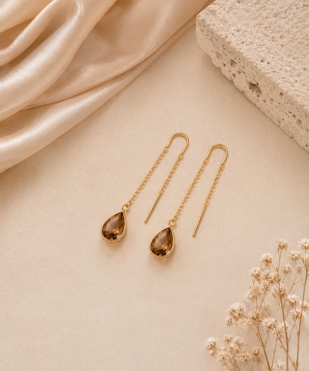 Gold Plated Brown Cubic Zirconia Link Drop Earrings