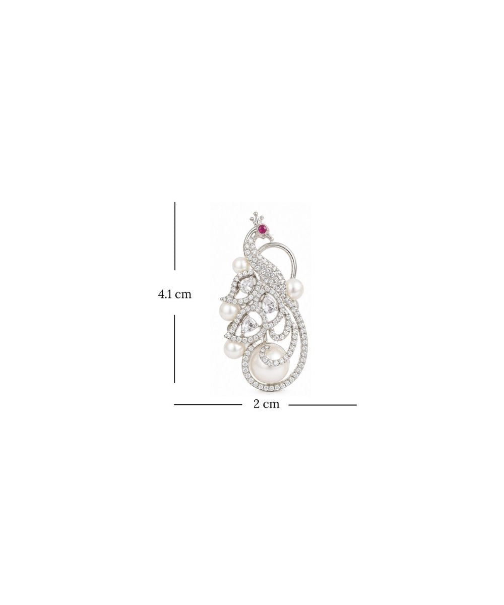 Rhodium Plated Cubic Zirconia Pearl Peacock Drop Earrings