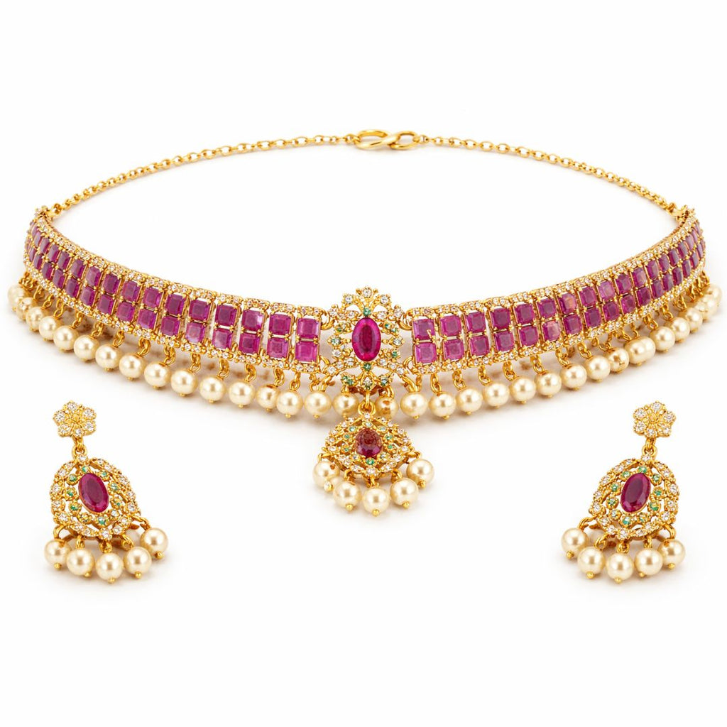 Gold Plated Pink Kundan Semi Cultured Pearl Choker Set