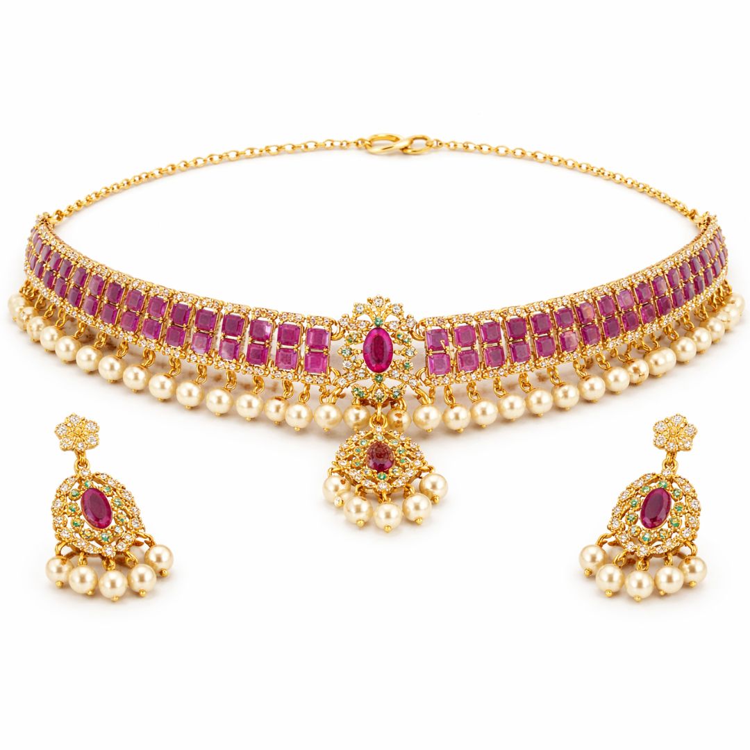 Gold Plated Pink Kundan Semi Cultured Pearl Choker Set