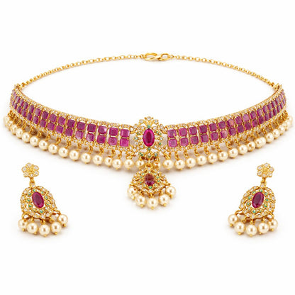 Gold Plated Pink Kundan Semi Cultured Pearl Choker Set