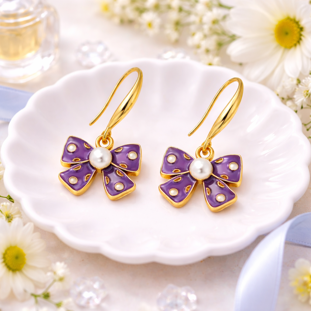 Purple Bow Pearl Earring