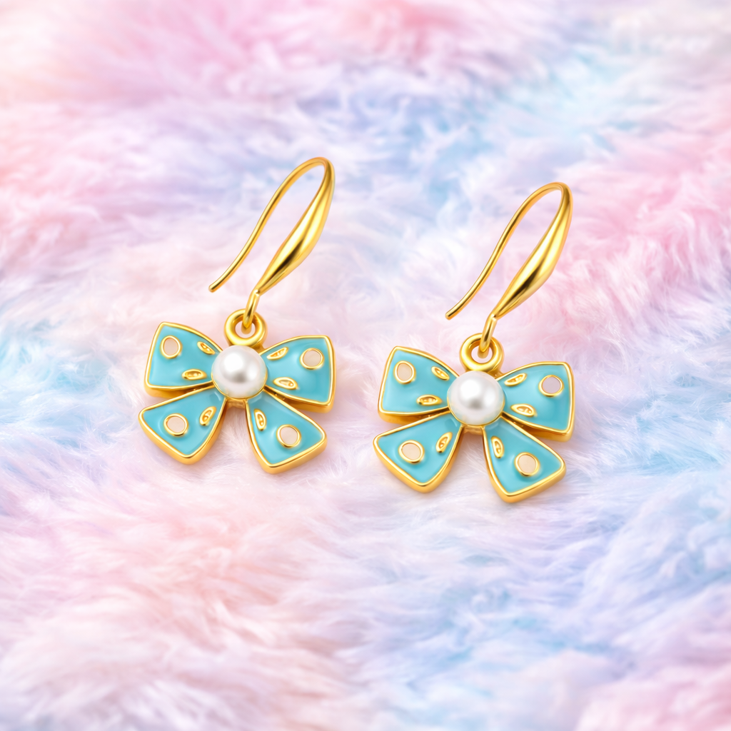 Light Blue Bow Pearl Earrings