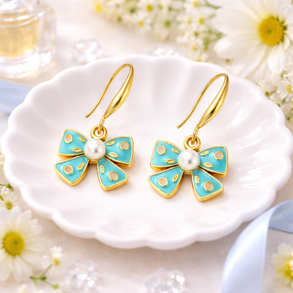 Light Blue Bow Pearl Earrings