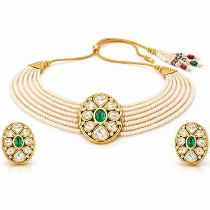 Gold Plated Green Kundan Semi Cultured Pearl Choker Set