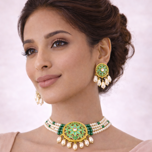 Green Enamel Kundan Pearl Choker Set