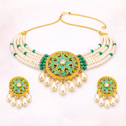 Green Enamel Kundan Pearl Choker Set