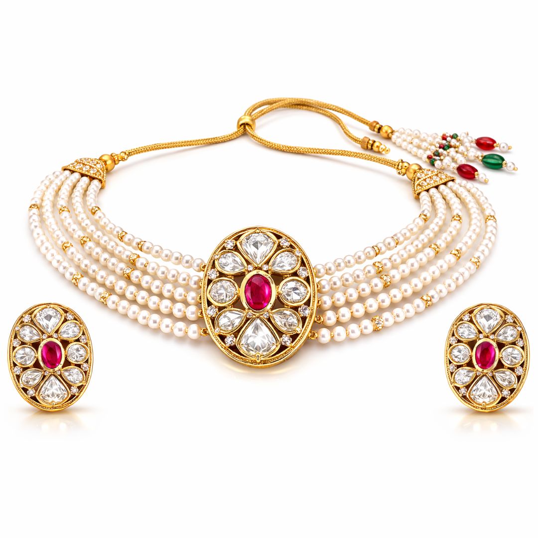 Gold Plated Pink Kundan Semi Cultured Pearl Choker Set