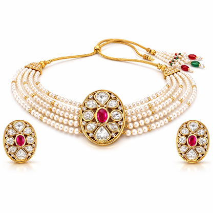 Gold Plated Pink Kundan Semi Cultured Pearl Choker Set