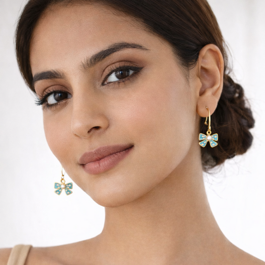 Light Blue Bow Pearl Earrings