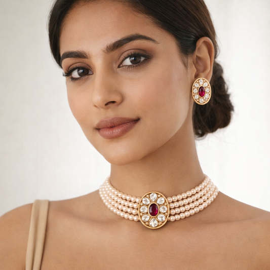 Gold Plated Pink Kundan Semi Cultured Pearl Choker Set