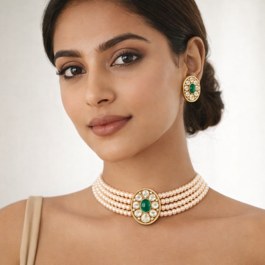 Gold Plated Green Kundan Semi Cultured Pearl Choker Set