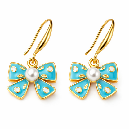 Light Blue Bow Pearl Earrings