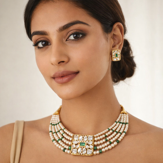 Gold Plated Green Kundan Semi Cultured Pearl Choker Set