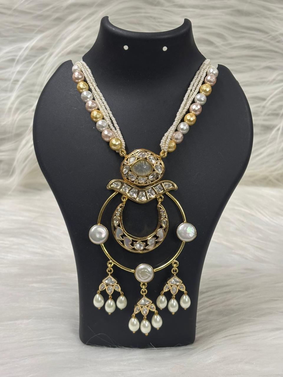 Gold Plated Kundan & Semi Cultured Pearl Choker Set with Dangle Earrings