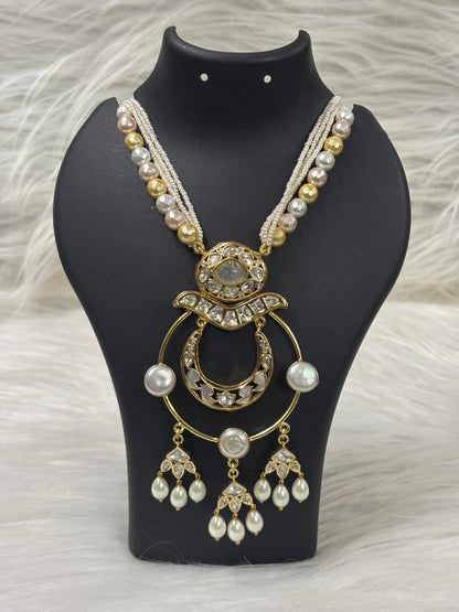 Gold Plated Kundan & Semi Cultured Pearl Choker Set with Dangle Earrings