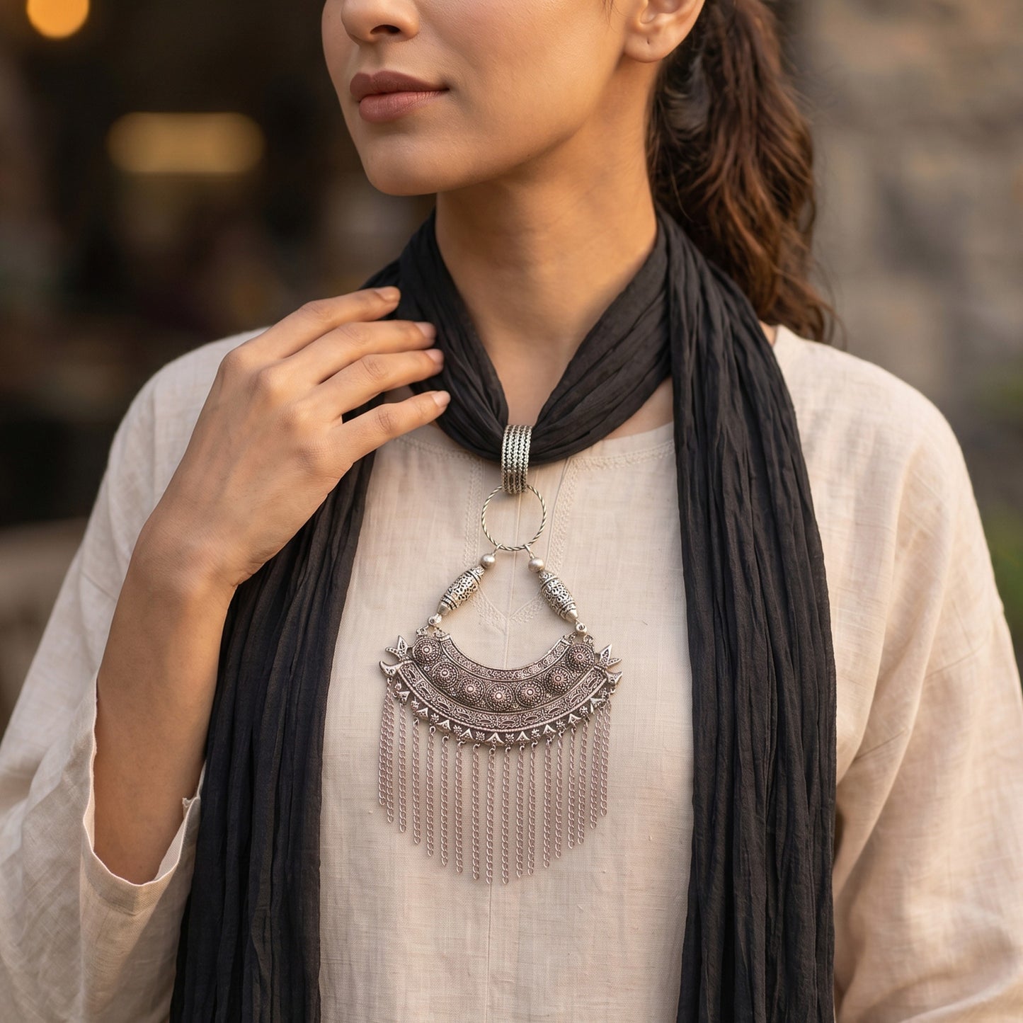 Black Georgette Scarf With Oxidized Motif