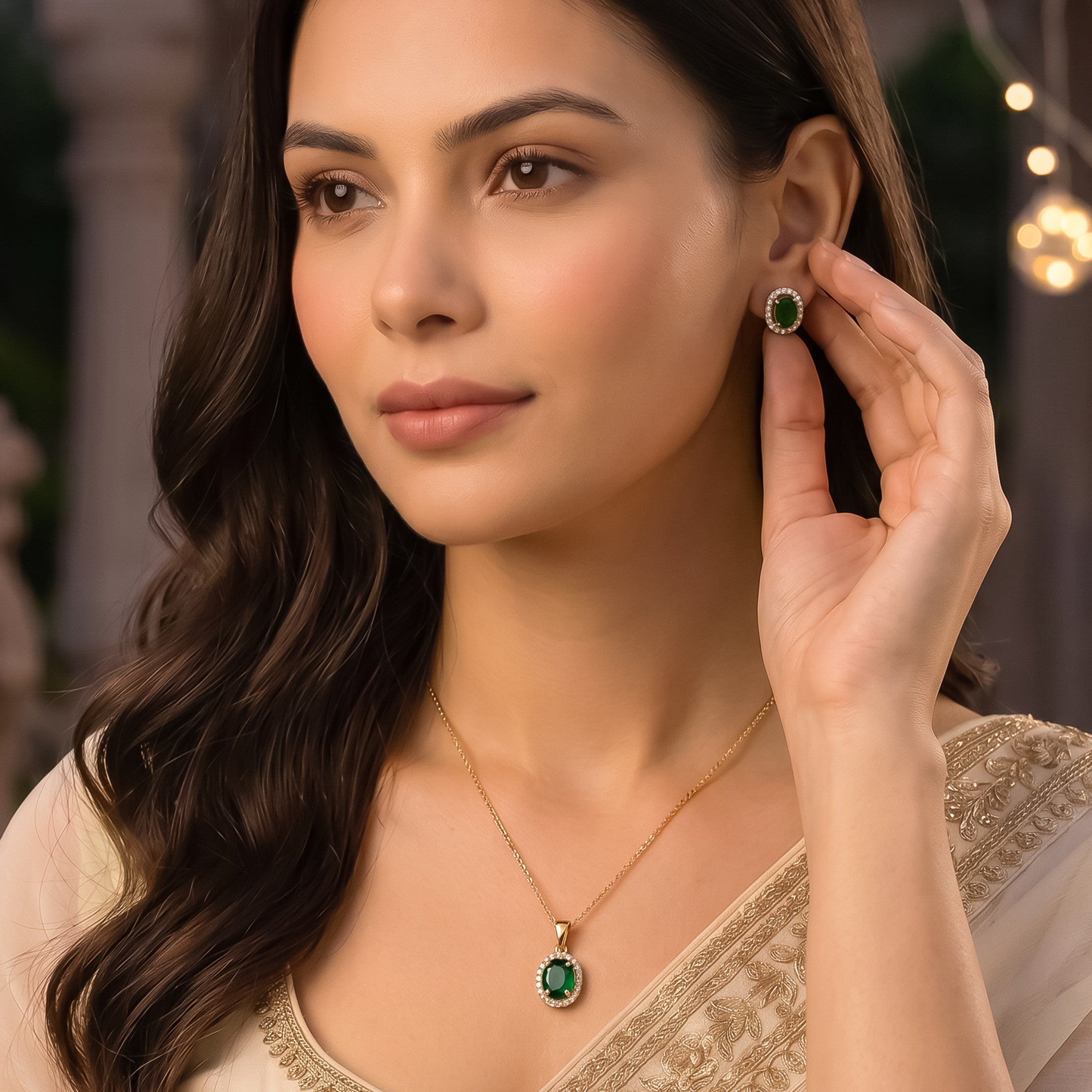 Gold Plated Green Cubic Zirconia Solitaire Halo Pendant & Earrings Set