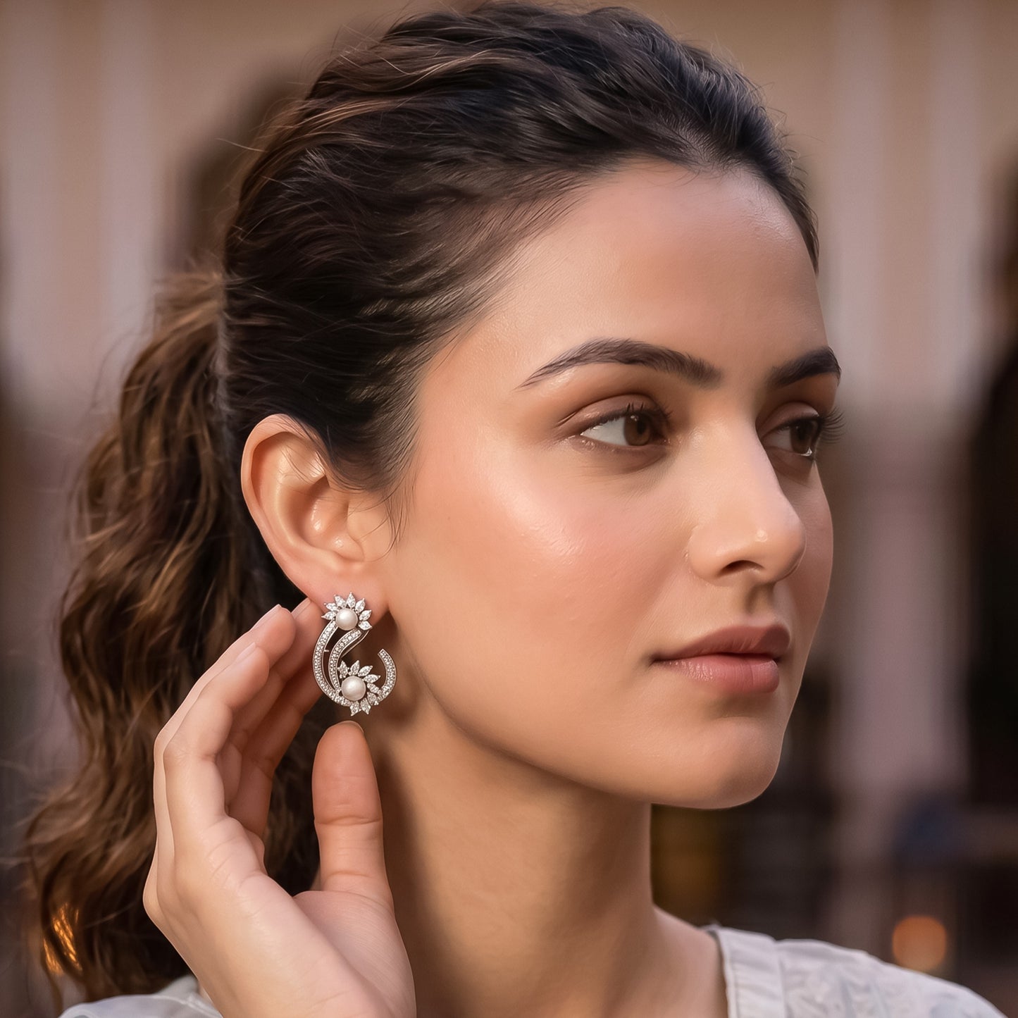 Rhodium Plated Cubic Zirconia Earring