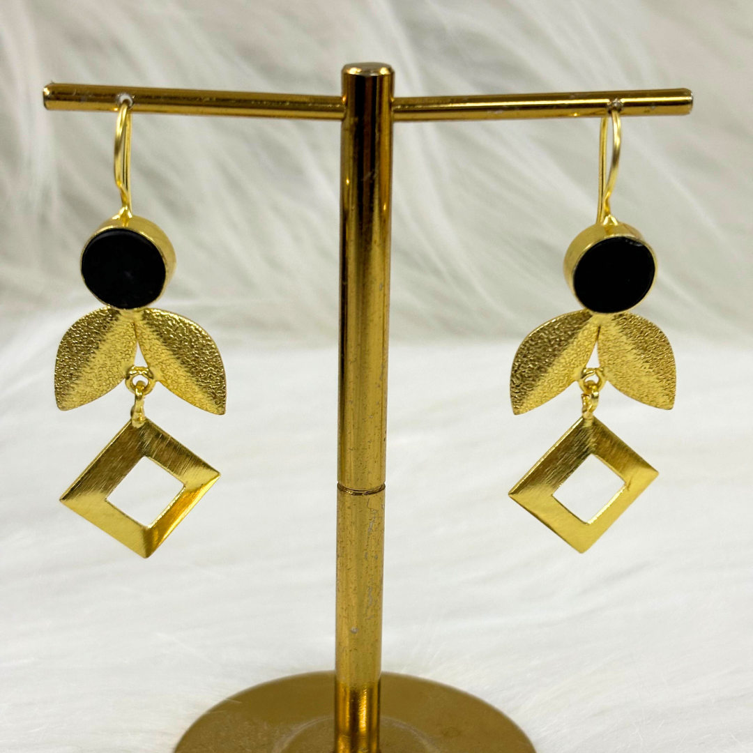 Bdiva 18K Gold Plated Modern Geometric Leaf Earrings with Black Circular Stone