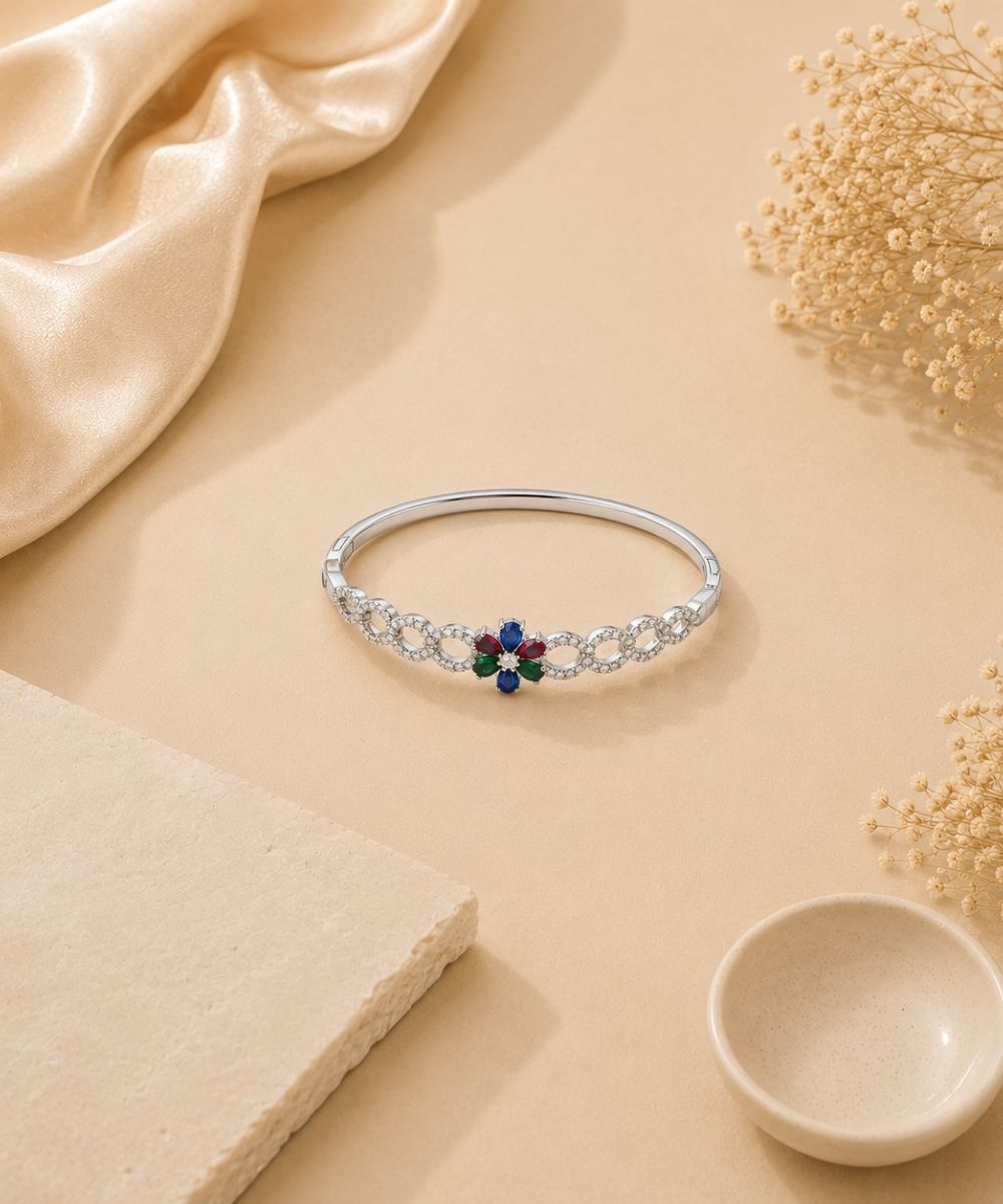 Rhodium Plated Multi Color Cubic Zirconia Floral Bracelet