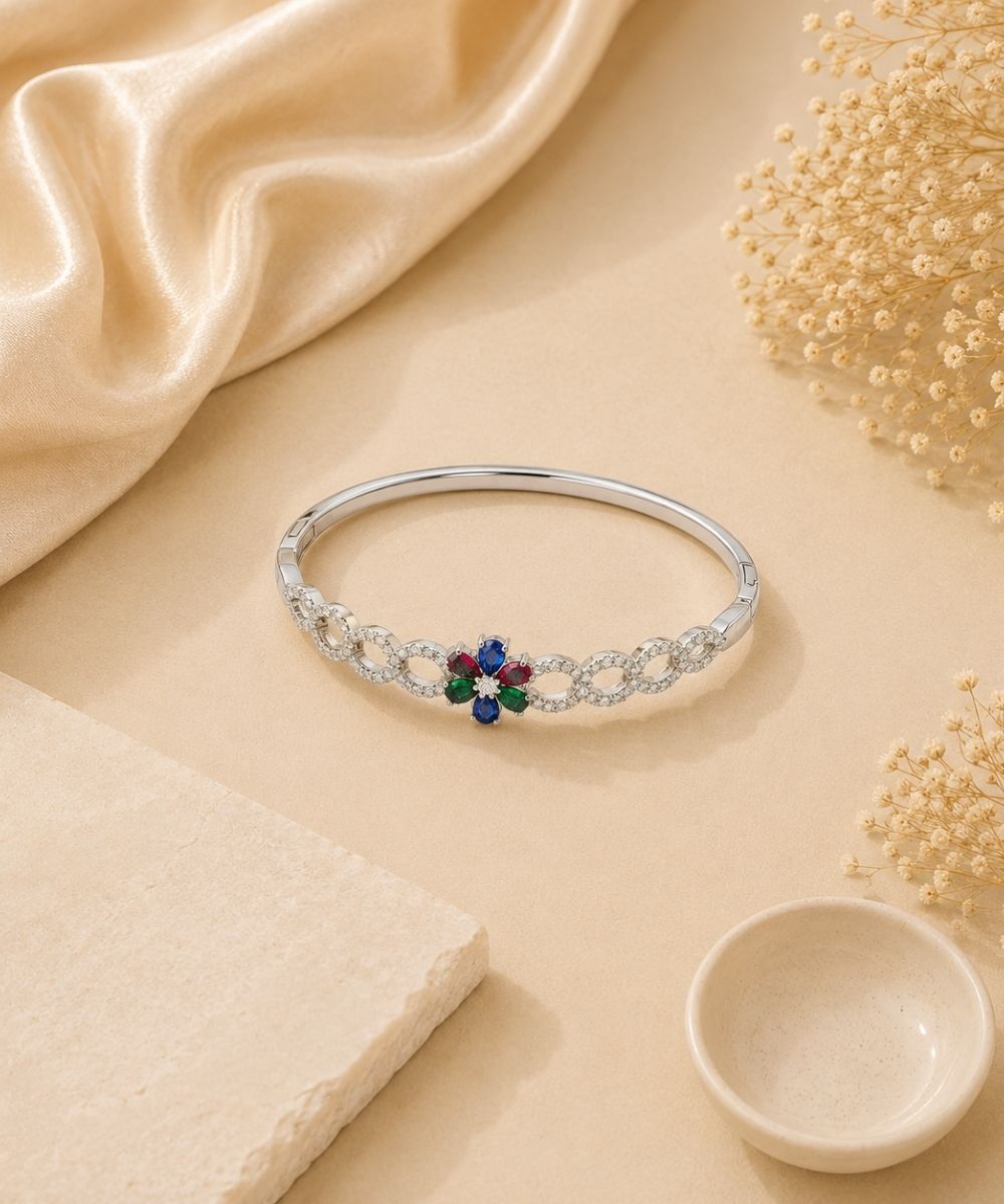 Rhodium Plated Cubic Zirconia Floral Bracelet