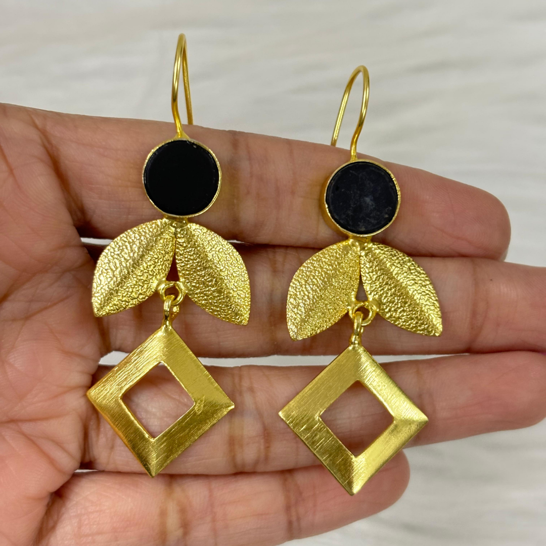 Bdiva 18K Gold Plated Modern Geometric Leaf Earrings with Black Circular Stone