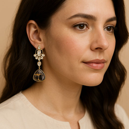 Gold Plated Black Kundan Drop Earrings